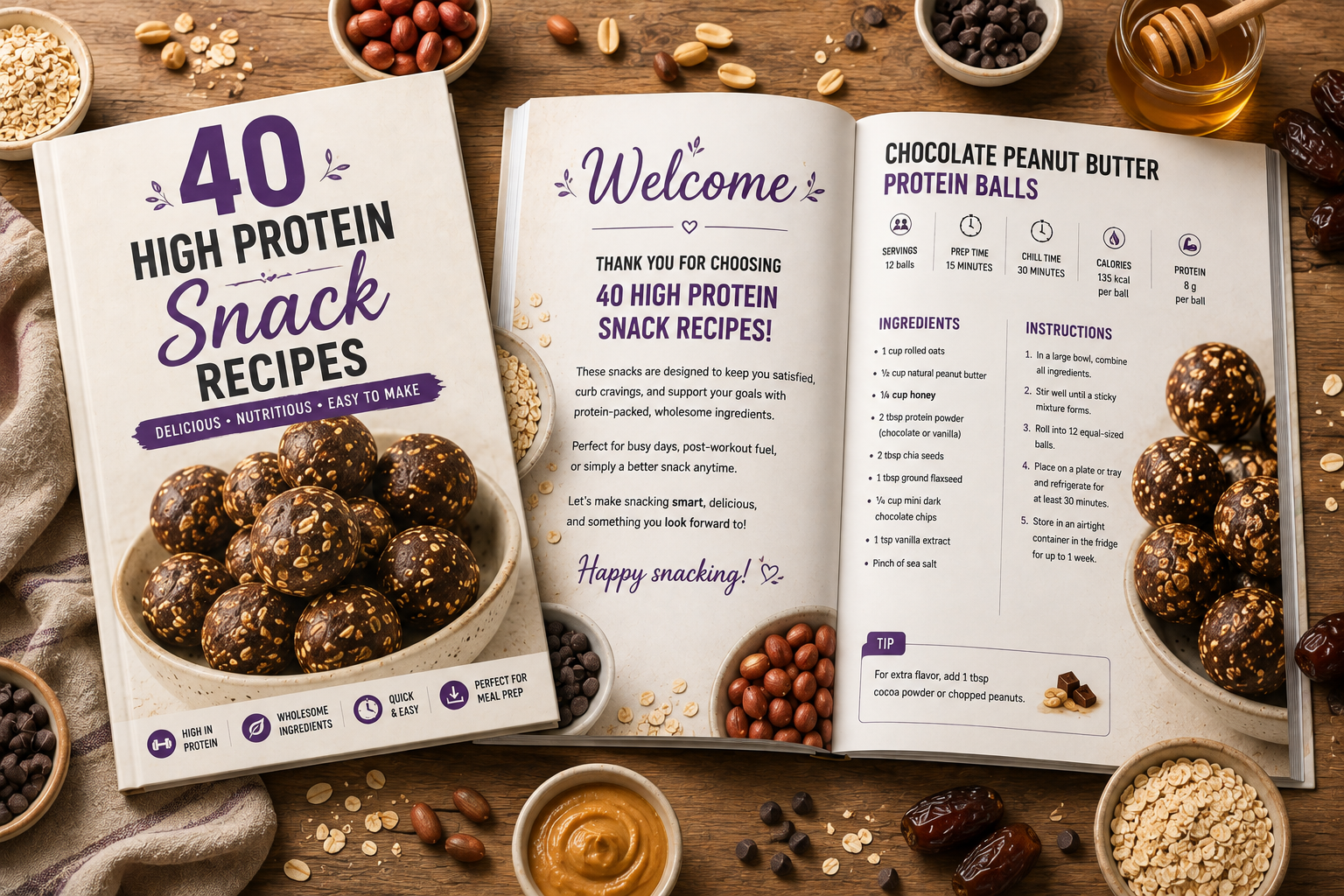 Inside preview pages of the 40 High Protein Snack Recipes cookbook