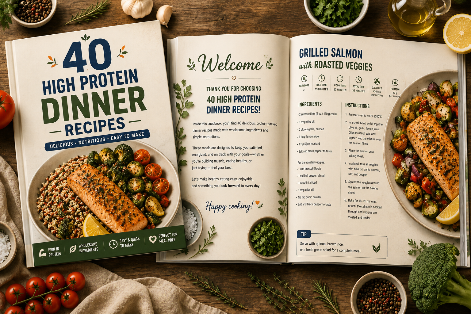 Inside preview pages of the 40 High Protein Dinner Recipes cookbook